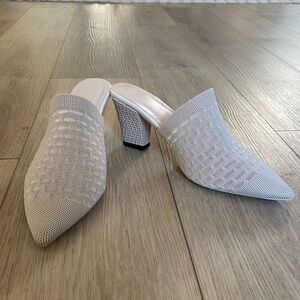 7.5 Beige cloth stretchy closed toe mule heels